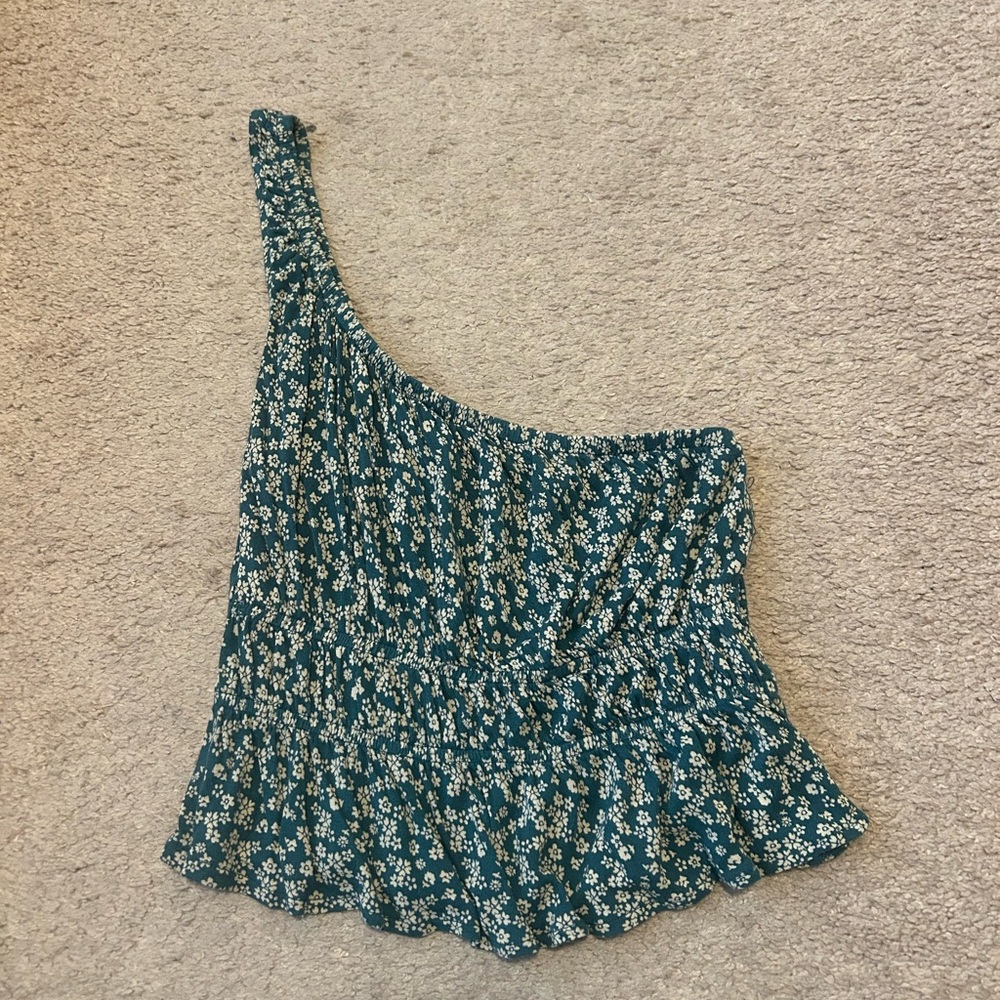Urban Outfitters Floral One-Shoulder Blouse - Teal